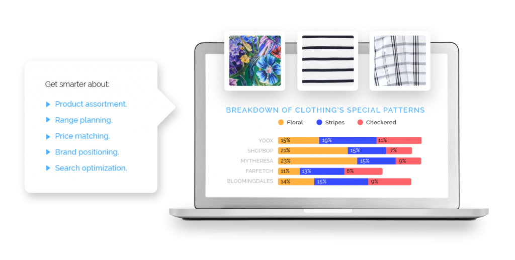 Call out box on the left with the text: Get smarter about: Product assortment, Range planning, Price matching, Brand positioning, Search optimization. And on the right an open laptop screen displaying a horizontal bar chart and image of clothing patterns